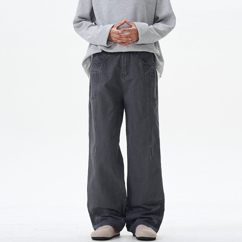LKTM Mens# American vintage Straight Overalls Mens and Womens Trendy Brand Loose and Handsome Washed Cotton Casual Pants Grey - Image 1
