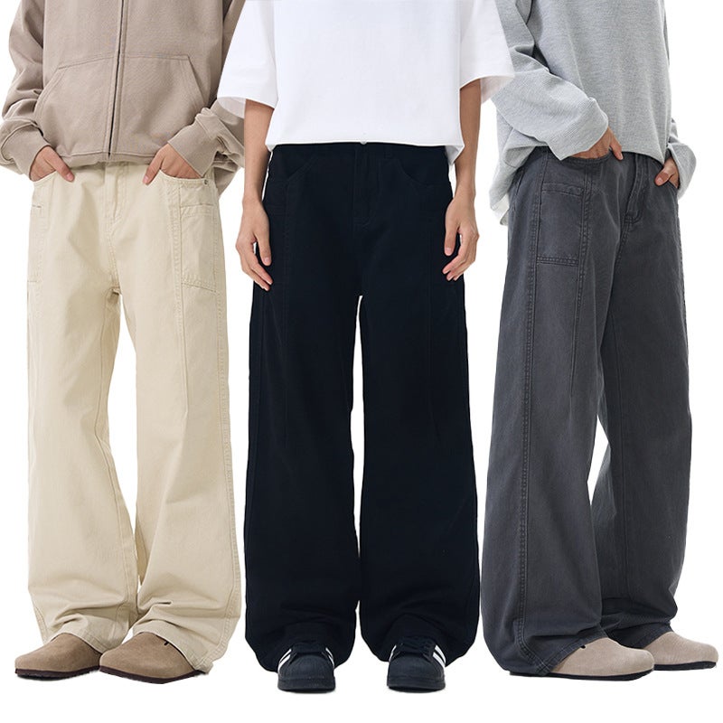 LKTM Mens# American vintage Straight Overalls Mens and Womens Trendy Brand Loose and Handsome Washed Cotton Casual Pants Grey - Image 3