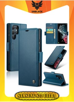 CaseMe Flip Wallet Case For Samsung Galaxy S22 Ultra, [RFID Blocking] PU Leather Wallet Flip Folio Case with Card Holder Kickstand Shockproof Phone Cover (Blue)  - Image 1