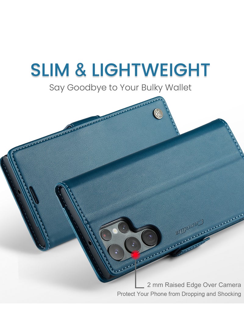 CaseMe Flip Wallet Case For Samsung Galaxy S22 Ultra, [RFID Blocking] PU Leather Wallet Flip Folio Case with Card Holder Kickstand Shockproof Phone Cover (Blue)  - Image 3