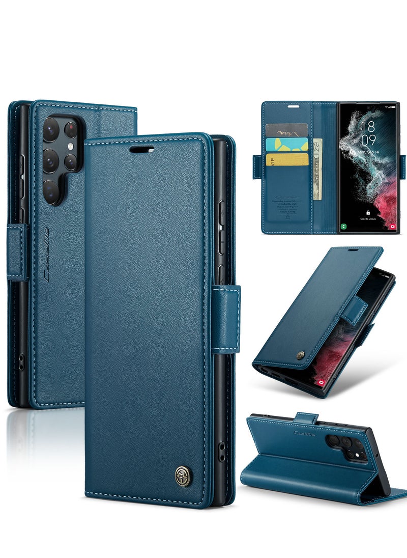 CaseMe Flip Wallet Case For Samsung Galaxy S22 Ultra, [RFID Blocking] PU Leather Wallet Flip Folio Case with Card Holder Kickstand Shockproof Phone Cover (Blue)  - Image 2
