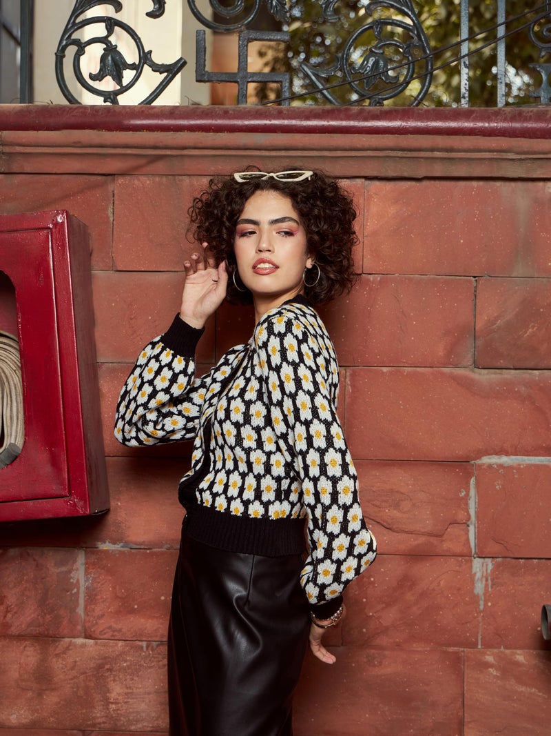 SASSAFRAS Black Floral Front Open Wool Cardigan - Image 3