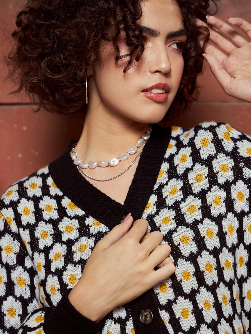 SASSAFRAS Black Floral Front Open Wool Cardigan - Image 4