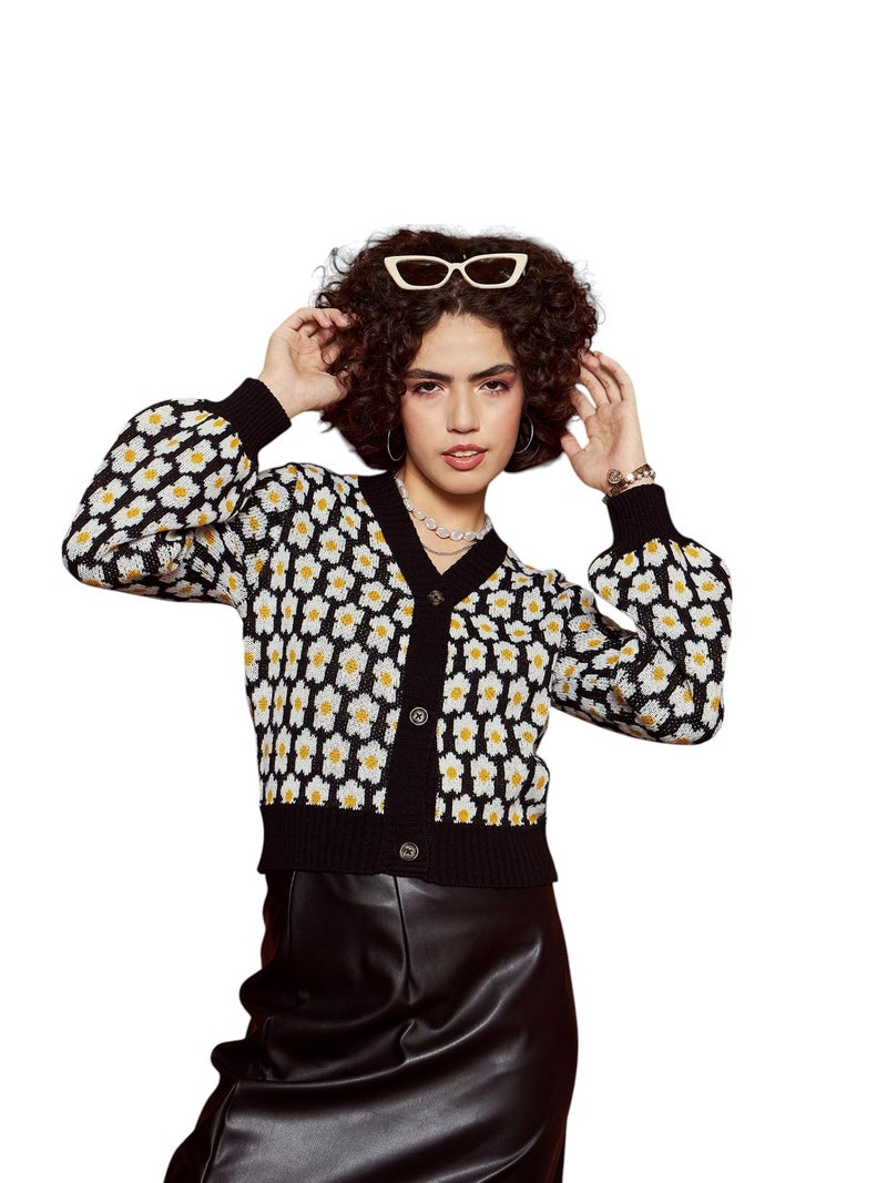 SASSAFRAS Black Floral Front Open Wool Cardigan - Image 1