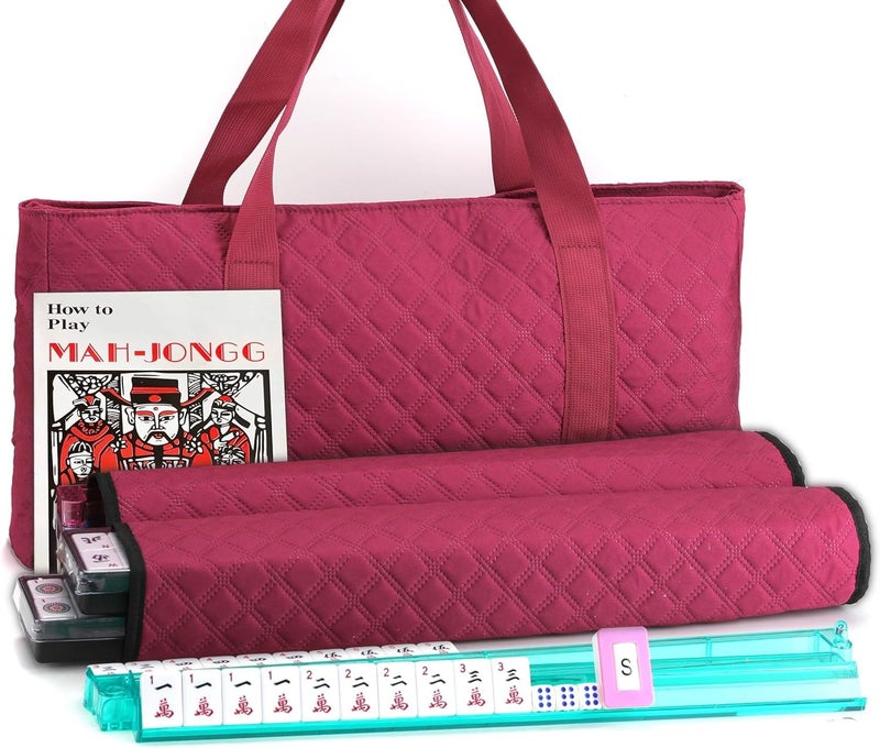 Mose Cafolo American Mahjong Game Set - Red (Burgundy) Quilted Soft Bag - 166 White Engraved Tiles, 4 All-in-One Rack/Pushers Complete Western Mah-Jongg, Maj Jongg, Ma Jong Set - Image 1