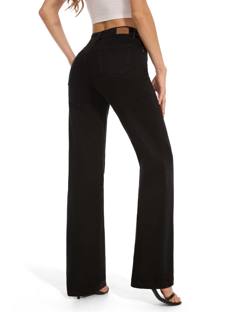 FLYING BANANA Women's High Waisted Wide Leg Baggy Stretch Denim Jeans (Black, 4) - Image 3