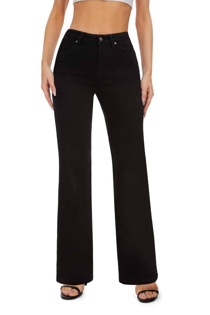 FLYING BANANA Women's High Waisted Wide Leg Baggy Stretch Denim Jeans (Black, 4) - Image 1