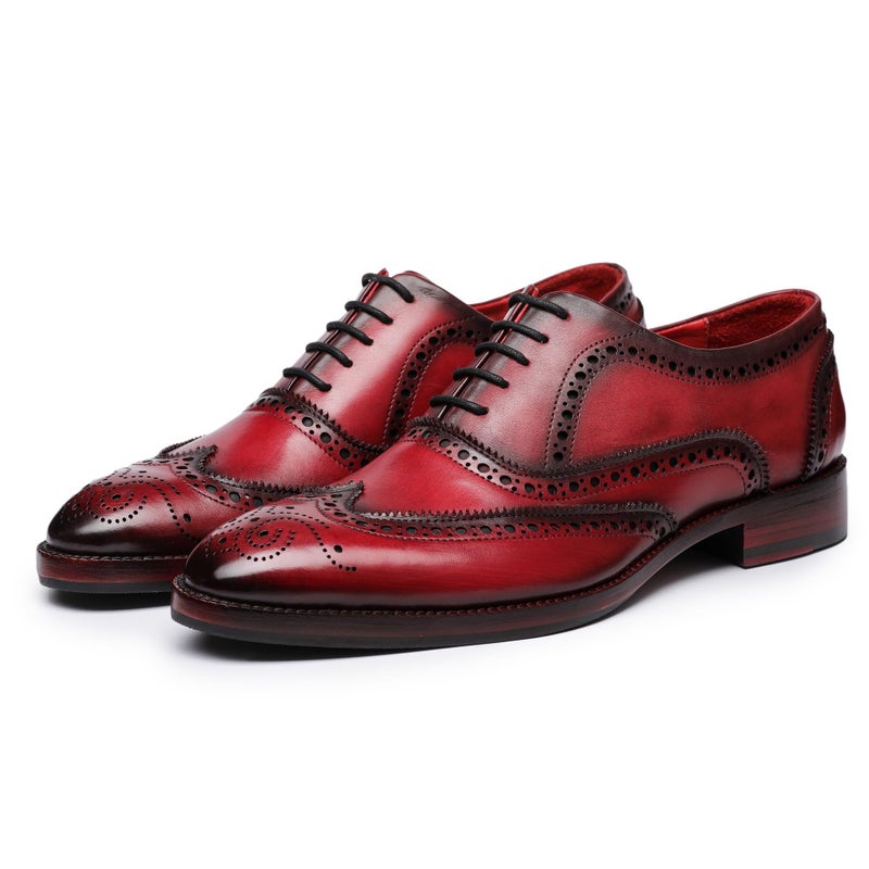 Lethato Brogue Oxford Handcrafted Mens Genuine Leather Lace up Dress Shoes with Golden Color Metal Aglets Shoelace Tips Wine Red
