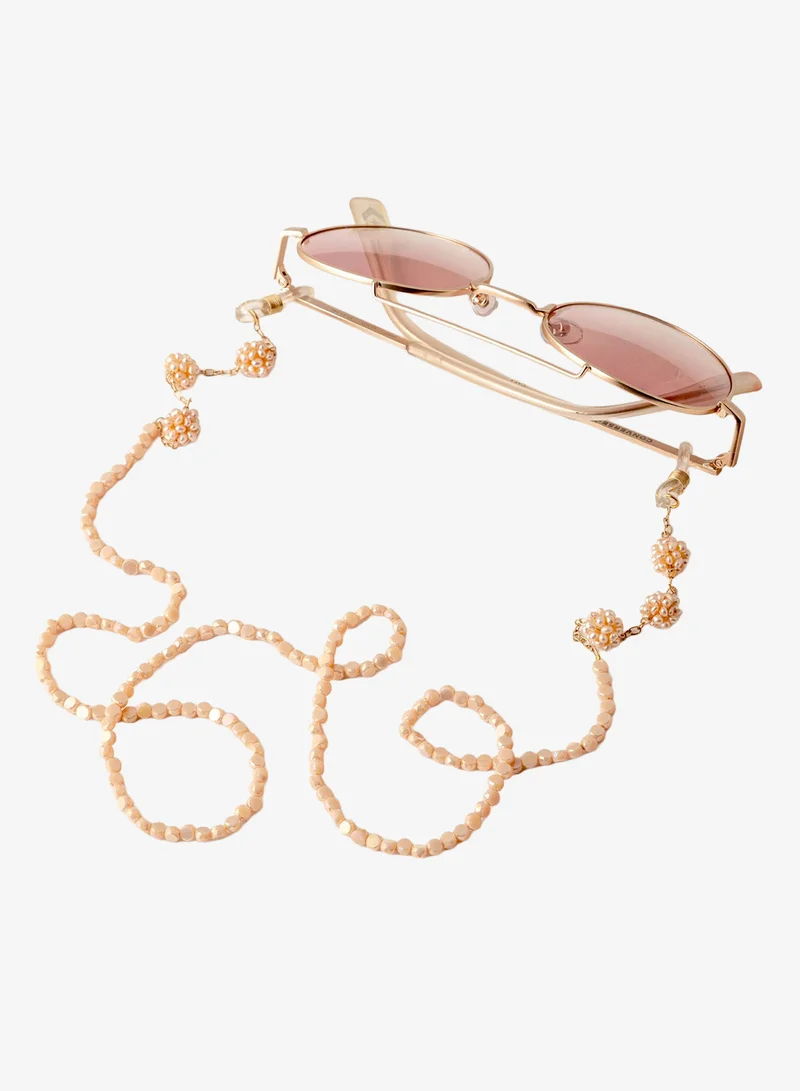 Minza Minza “Aura” Women’s Eyewear Chain, 18K Solid Gold (1.300g), Pink Crystal & Pearl Beads, Handmade Luxury Glasses Chain for Sunglasses & Eyeglasses, Elegant Feminine Accessory for Everyday & Special Occasion