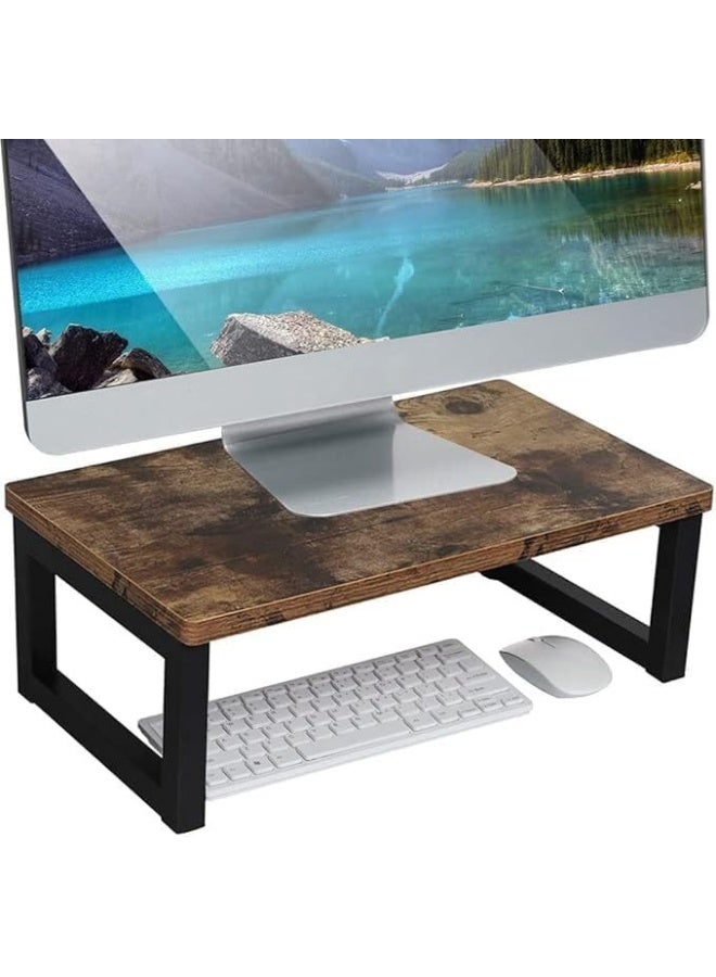 Horoof Home Rustic Wooden Monitor decor Riser – Vintage PC & Laptop Screen Holder with Sturdy Metal Frame, Ergonomic Desk Organizer, 40x23x14 cm, Dark Brown, SM428 