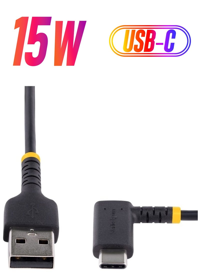 Startech.com 3ft (1m) USB A to C Charging Cable Right Angle - Heavy Duty Fast Charge USB-C Cable - USB 2.0 A to Type-C - Rugged Aramid Fiber - 3A - USB Charging Cord (R2ACR-1M-USB-CABLE) - Image 1