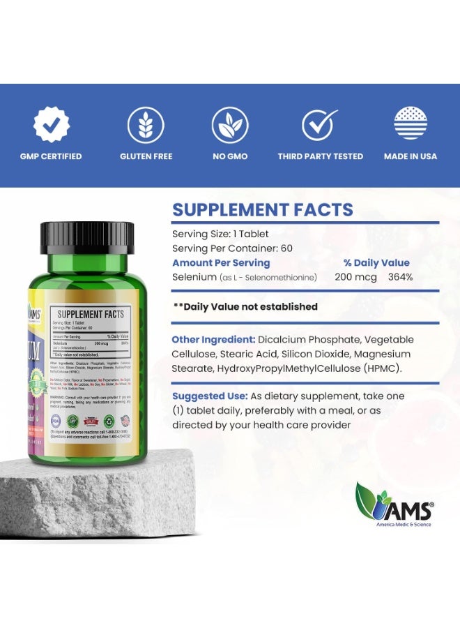 AMS America Medic & Science (AMS) Selenium 200 mcg Dietary Supplement for Men & Women, 60 Tablets, Immune & Thyroid Support - Image 4