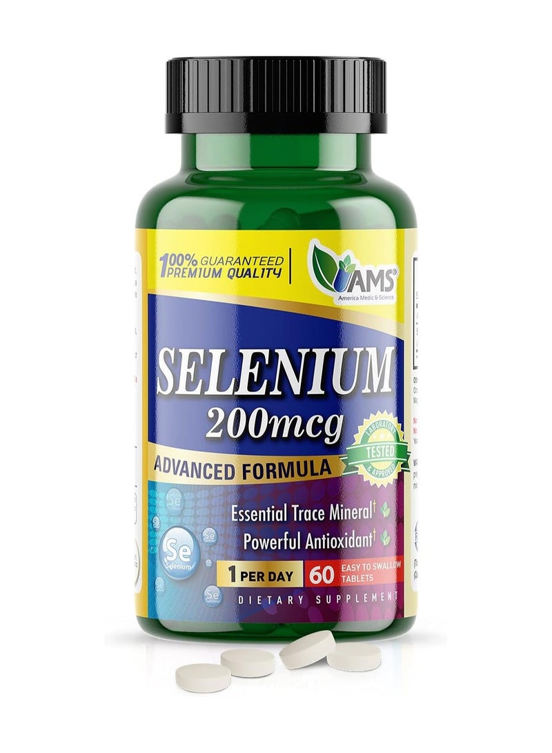 AMS America Medic & Science (AMS) Selenium 200 mcg Dietary Supplement for Men & Women, 60 Tablets, Immune & Thyroid Support - Image 1
