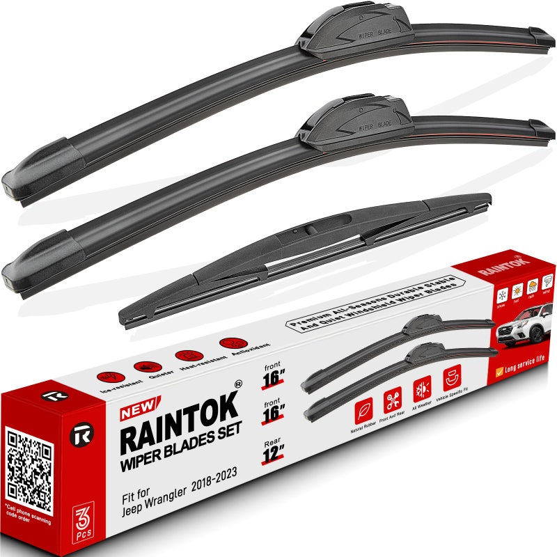 RAINTOK Windshield Wiper Blades Replacement for Jeep Wrangler JL 2018 2019 2020 2021 2022 2023 Original Factory Quality Front Rear Wipers Blade Set for My Car 16 16 12 Pack of 3