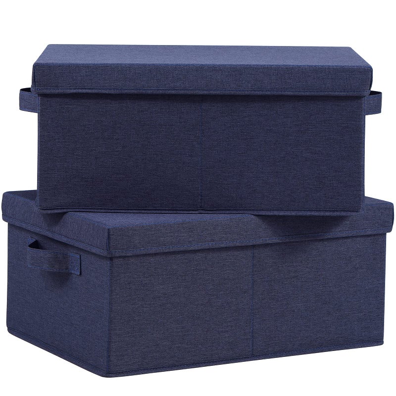 HOONEX Foldable Storage Bins with Lids Pack of 2 Storage Boxes with 2 Carrying Handles and Heavy Cardboard 165 L x 118 W x 75 H for Shoes Clothes Blue