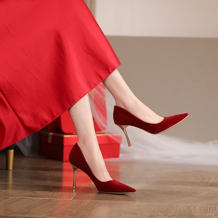 Pointed Stiletto Heel Suede Red High Heels Festive Wedding Dress Wedding Shoes Bridesmaid Shoes Bridal Shoes Women'S Shoes - Image 4