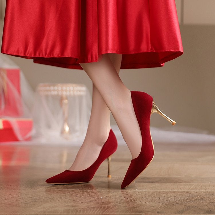 Pointed Stiletto Heel Suede Red High Heels Festive Wedding Dress Wedding Shoes Bridesmaid Shoes Bridal Shoes Women'S Shoes - Image 3
