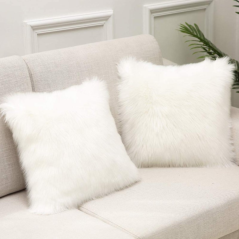 Set of 2 Faux Fur Luxurious Home Decorative Cushion Covers - 40x40CM White Throw Pillow Covers - Fluffy Soft Square Plush Case - For Living Room, Sofa, Bedroom