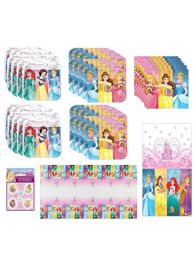 Unique حزمة مستلزمات حفلة الأميرة لـ 16 تشمل أطباق كعكة الحلوى، أطباق الغداء، مناديل، غطاء طاولة، ملصقات - Image 2