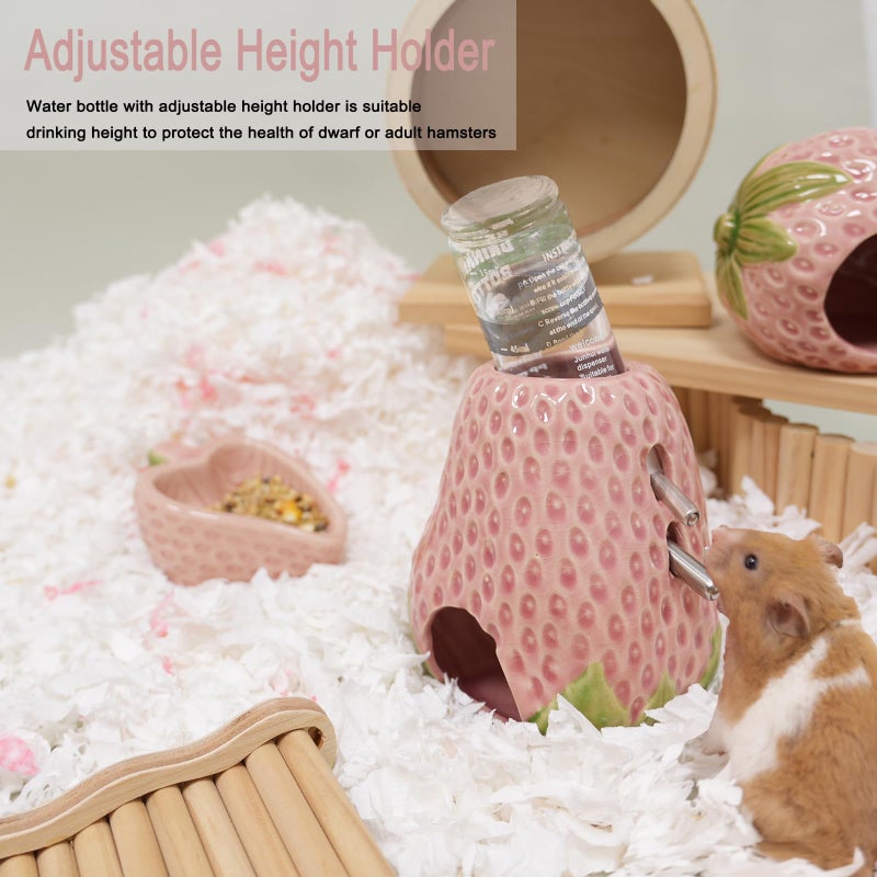 Deapeey Hamster Water Bottle, Strawberry Ceramic Hamster Gerbil Water Bottle for Glass Tank, Dispenser, 80ML Bottle for Water Holder Stand with 2 No Drip Caps for Syrian Mice, Gerbilï¼ˆPink - Image 2