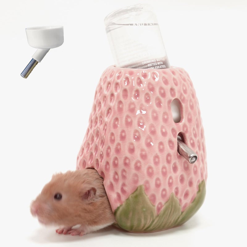 Deapeey Hamster Water Bottle, Strawberry Ceramic Hamster Gerbil Water Bottle for Glass Tank, Dispenser, 80ML Bottle for Water Holder Stand with 2 No Drip Caps for Syrian Mice, Gerbilï¼ˆPink - Image 1