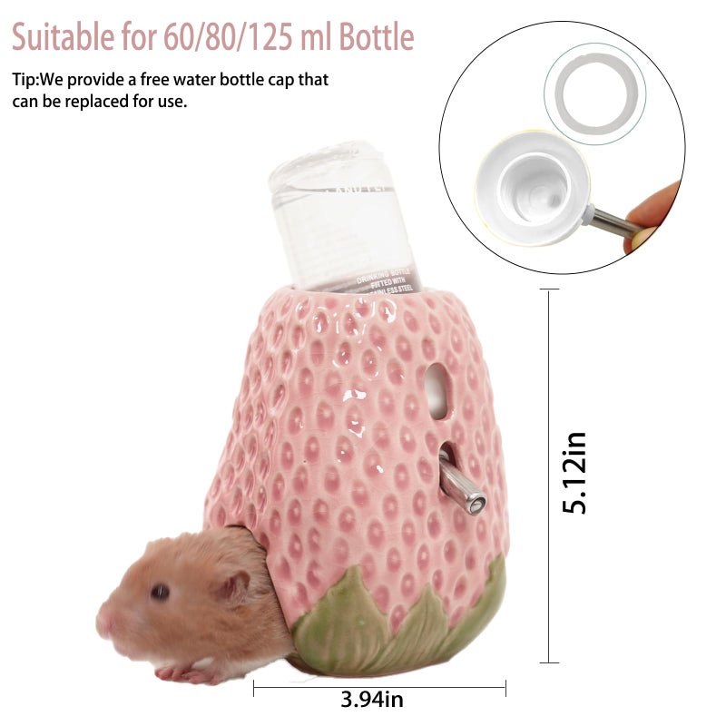 Deapeey Hamster Water Bottle, Strawberry Ceramic Hamster Gerbil Water Bottle for Glass Tank, Dispenser, 80ML Bottle for Water Holder Stand with 2 No Drip Caps for Syrian Mice, Gerbilï¼ˆPink - Image 5