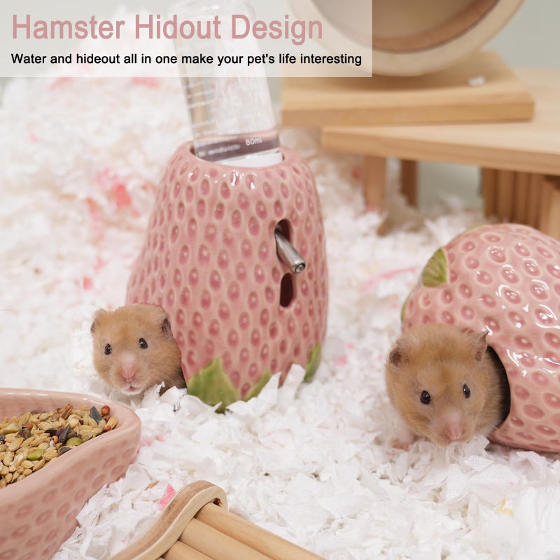 Deapeey Hamster Water Bottle, Strawberry Ceramic Hamster Gerbil Water Bottle for Glass Tank, Dispenser, 80ML Bottle for Water Holder Stand with 2 No Drip Caps for Syrian Mice, Gerbilï¼ˆPink - Image 3