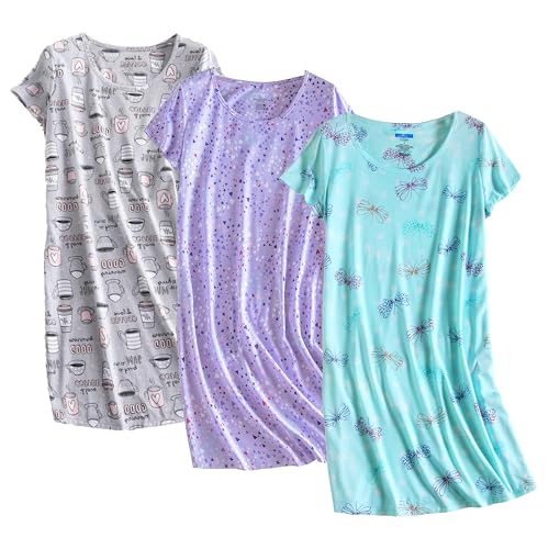 PNAEONG 3 Pack Women's Cotton Nightgown Sleepwear Short Sleeves Shirt Casual Print Sleepdress SY003-Coffee+Fly+Purple-2XL - Image 1