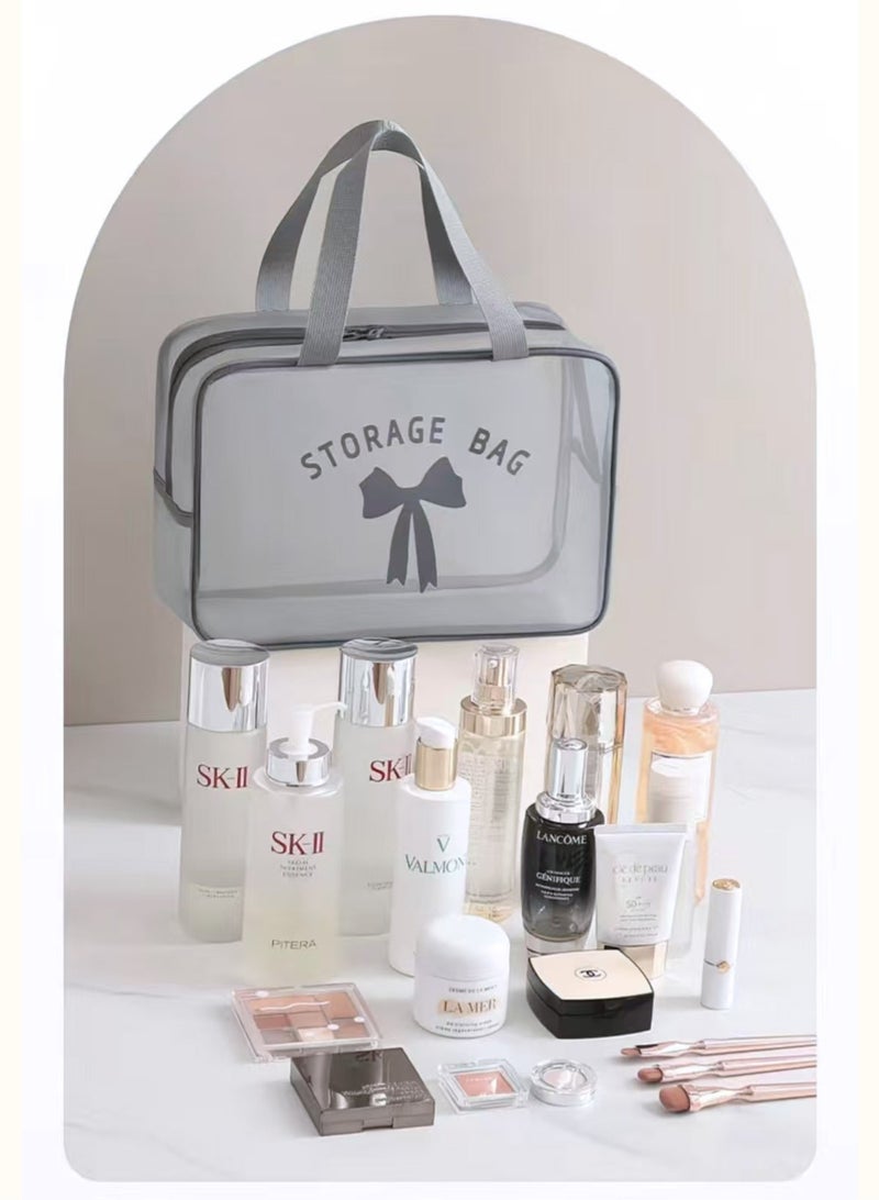 هومار كيت مجموعة حقيبة مكياج - 3 قطع حقائب سفر محمولة كبيرة السعة لمستحضرات التجميل وحقائب أدوات الزينة وحقائب محفظة المكياج مع أكياس تخزين بسحاب للمنزل والمكاتب وإكسسوارات السفر، شبكة شفافة سهلة الحمل والتنظيف، رمادي - Image 3