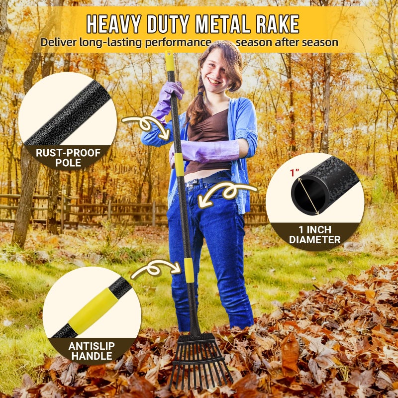UIABOPZ Leaf Rake, Small Rake for Leaves with 30"-60" Adjustable Long Handle, 11 Tines 8.5" Wide, Metal Rakes Heavy Duty for Lawns, Gardening, Yard, Camping, Shrub, Grass, Bush, Weed, Debris - Image 4