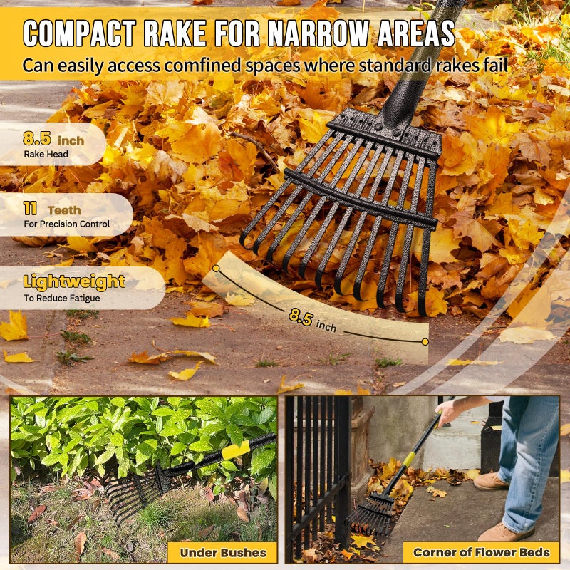 UIABOPZ Leaf Rake, Small Rake for Leaves with 30"-60" Adjustable Long Handle, 11 Tines 8.5" Wide, Metal Rakes Heavy Duty for Lawns, Gardening, Yard, Camping, Shrub, Grass, Bush, Weed, Debris - Image 2