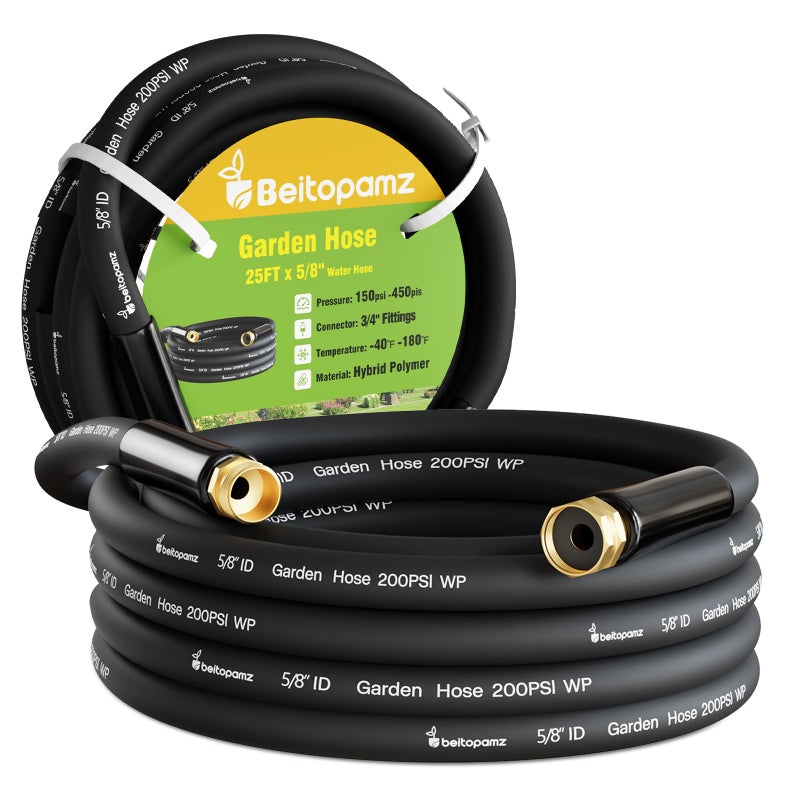 Beitopamz Garden Hose 25 ft x 5/8 in Heavy Duty Water Hose, Flexible and Durable, Lightweight Rubber Hybrid Hose, Leak-Free Connections, Male to Female 3/4'' Brass Fittings for Patio, Lawn, Black - Image 1