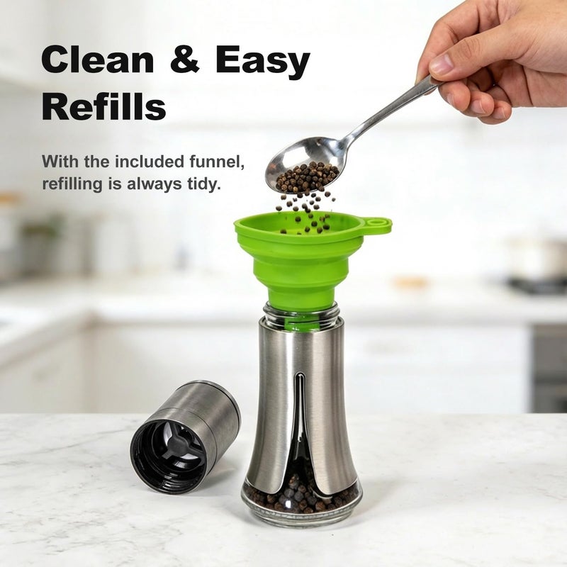 Aelga Salt and Pepper Grinder Set - Manual Pepper Mill with Adjustable Coarseness, Stainless Steel & Glass Salt Grinder Refillable for Kitchen & Dining Table - Image 4