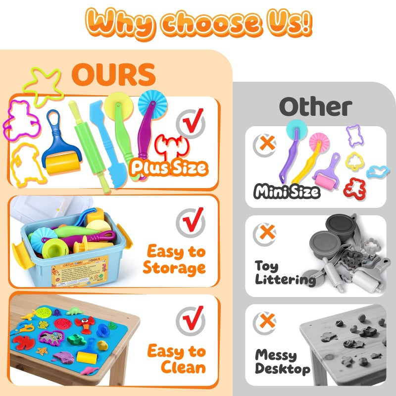 VConejo Dough Tools Play Sets for Kids, 37pcs Clay and Dough Accessories with Storage Container, Mat, Cutters, Rolling Pins, Safety Scissors, Stamps, Animal and 3D Dino Makers for Boys Girls - Image 3