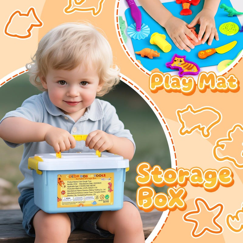 VConejo Dough Tools Play Sets for Kids, 37pcs Clay and Dough Accessories with Storage Container, Mat, Cutters, Rolling Pins, Safety Scissors, Stamps, Animal and 3D Dino Makers for Boys Girls - Image 5