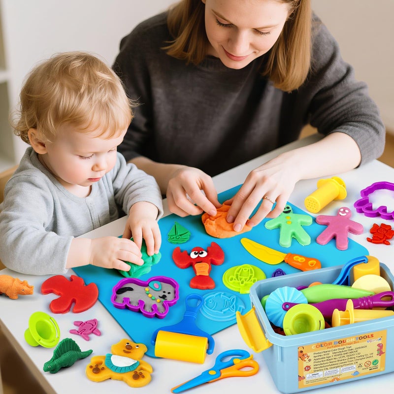 VConejo Dough Tools Play Sets for Kids, 37pcs Clay and Dough Accessories with Storage Container, Mat, Cutters, Rolling Pins, Safety Scissors, Stamps, Animal and 3D Dino Makers for Boys Girls - Image 2