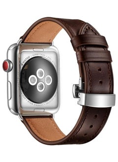 PROMASS Genuine Leather Butterfly Buckle Replacement Watchbands for Apple Watch Series 7/6/SE/5/4/3/2/1 38/40/41mm Dark Brown 