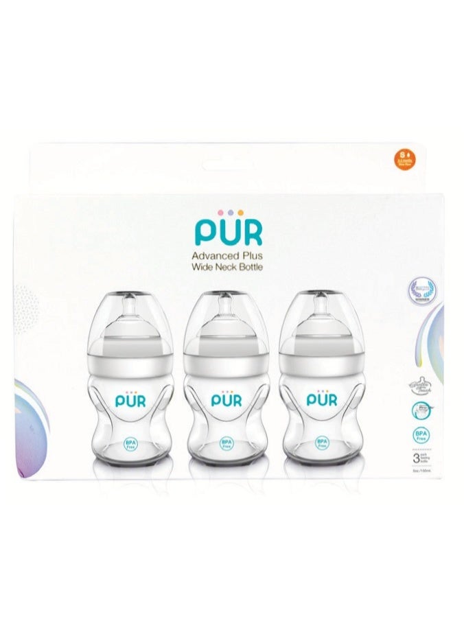Pur 3-pack Advanced Plus wide neck baby bottle set - 150ml - medical silicone nipple + Pro-Flo anti-colic system (BPA free) - Image 1