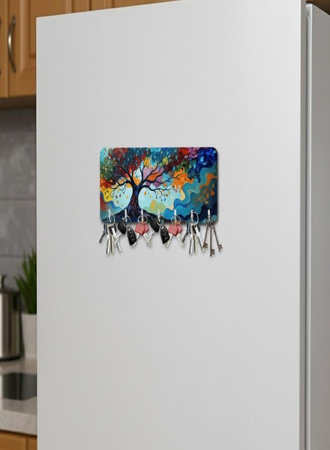 MyTees Wooden Magnetic Key Hanger for Fridge with Multiple Hooks. Digitally Printed Keys Hanger. Magnetic Key Holder for Home/Office Decor, Key Holder for Kitchen Décor. Design- Mountain Tree - Image 1
