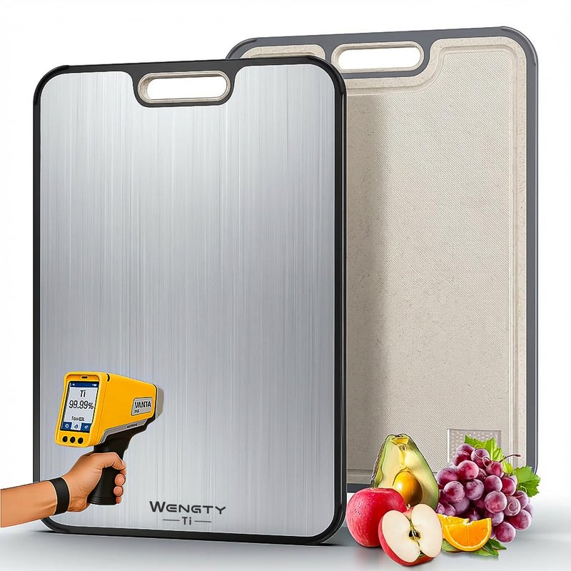 WENGTY Titanium Cutting Boards for Kitchen, Double Sided Food-Grade Pure Titanium&Wheat Straw PP, Non-Toxic, Non-Slip, Dishwasher Safe, Ideal for Meat, Vegetables, Fruit 15.8 x 11'' - Image 1