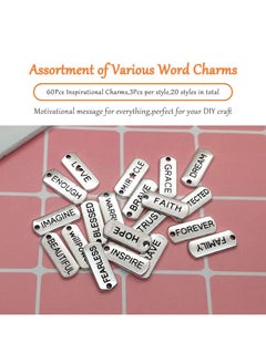 Oubaka 60Pcs Inspirational Charms Pendants For Jewelry Making,Mixed Motivational Words Pendants Beads Charms Diy Craft Supplies Bracelet Charms Bulk For Jewelry Necklaces Bracelet Making Keychains  - Image 2
