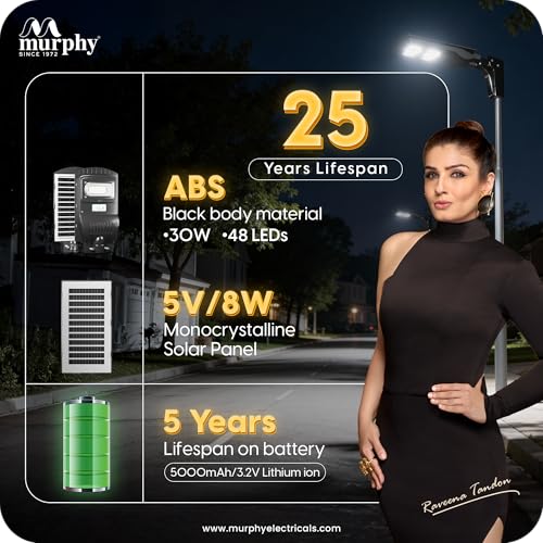Murphy 30W Solar Street Light | Light Output Equivalent to 6W LED | 48 SMD LEDs | 5Ah Battery | Dusk to Dawn Auto On/Off | Motion Sensor | IP65 Waterproof | Cool White | ABS Body | 1 Year Warranty - Image 3