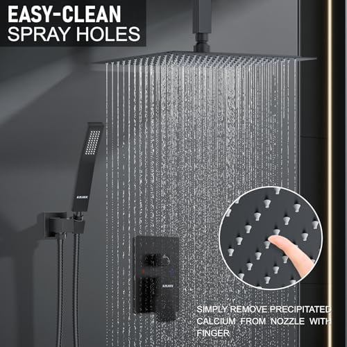 KOJOX Matte Black Ceiling Shower Fixture with 12 Inch Rainfall Shower head and Handheld Head, Bathroom Shower Faucet Set Trim Kit with Mixer Valve - Image 2