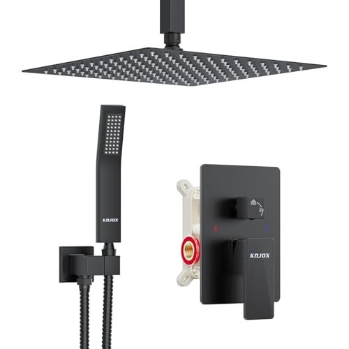 KOJOX Matte Black Ceiling Shower Fixture with 12 Inch Rainfall Shower head and Handheld Head, Bathroom Shower Faucet Set Trim Kit with Mixer Valve - Image 1