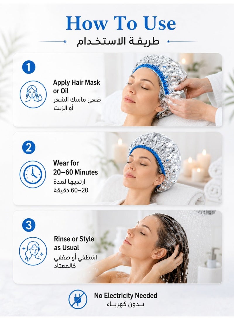 جميل أغطية شعر حرارية قابلة لإعادة الاستخدام للعناية العميقة، مبطنة بورق الألومنيوم لأقنعة الشعر وعلاجات الزيوت، لا تحتاج إلى كهرباء للاستخدام المنزلي والصالونات، قطعتان - Image 3