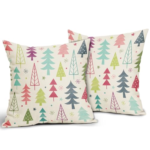 Sivirary Colorful Christmas Pillow Covers 18x18 Inch Set of 2 Cute Rainbow Colored Xmas Tree Print Decorative Throw Pillow Cases Outdoor Farmhouse Holiday Decorations Cushion Cases Sofa Couch Bed Decor - Image 3