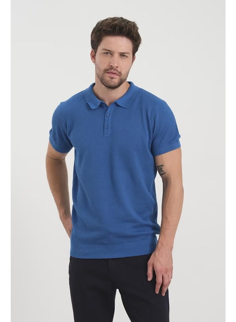 Odelon Men's Polo Neck Jacquard Knitwear T-Shirt Blue - Image 1