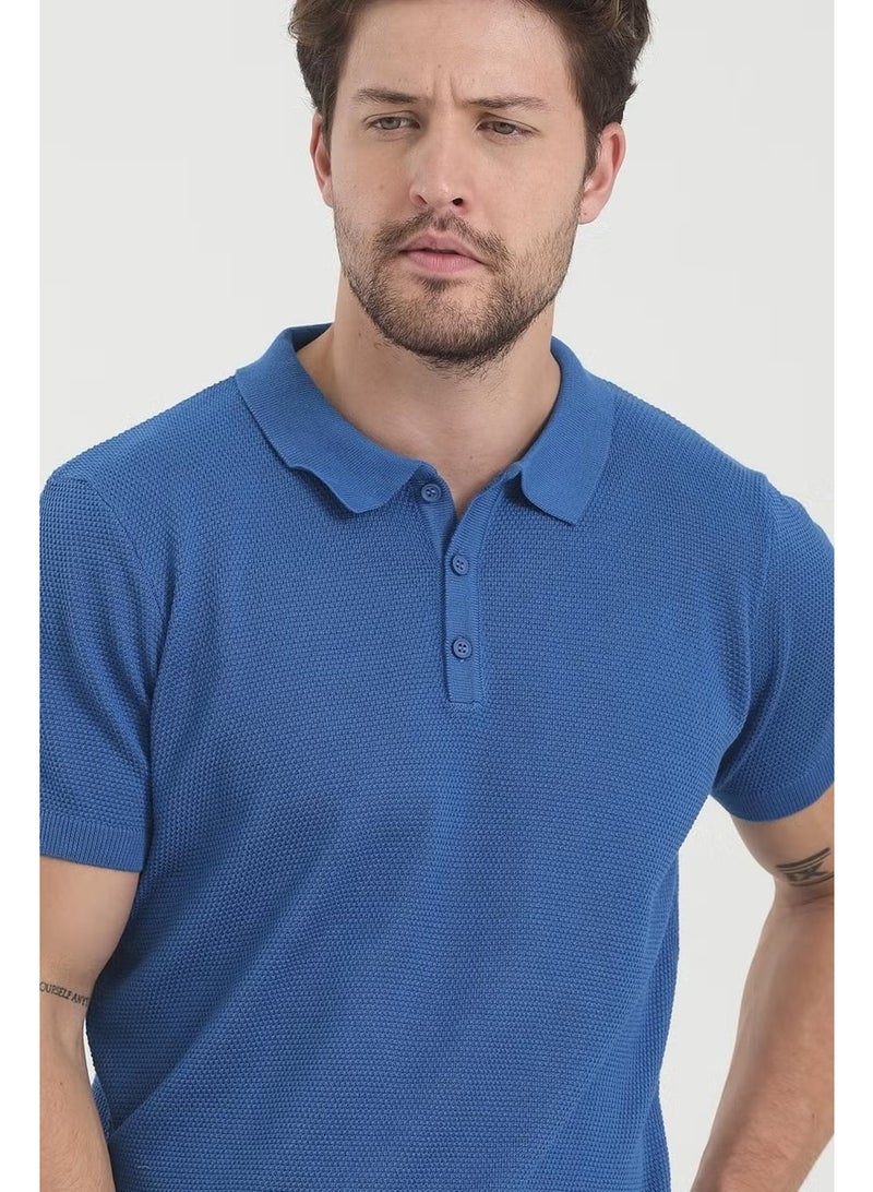 Odelon Men's Polo Neck Jacquard Knitwear T-Shirt Blue - Image 2
