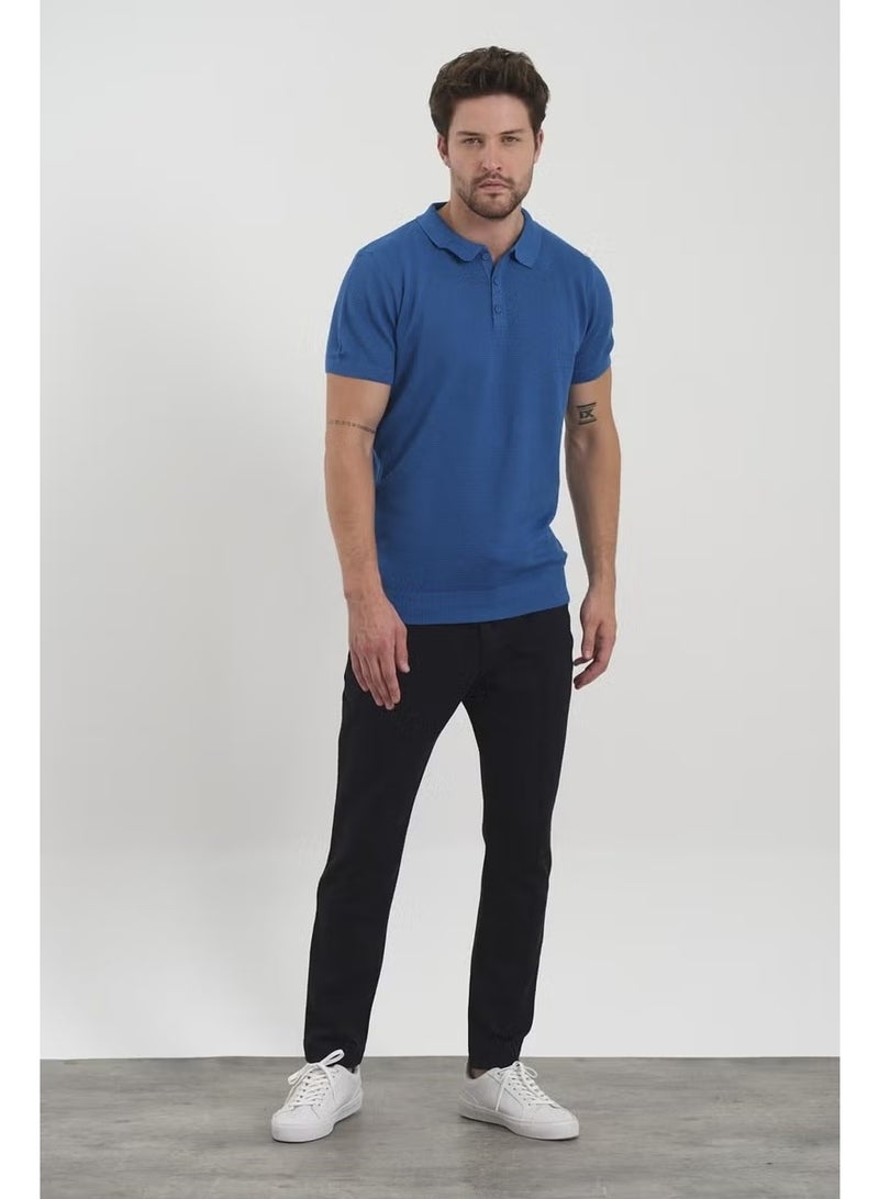 Odelon Men's Polo Neck Jacquard Knitwear T-Shirt Blue - Image 4