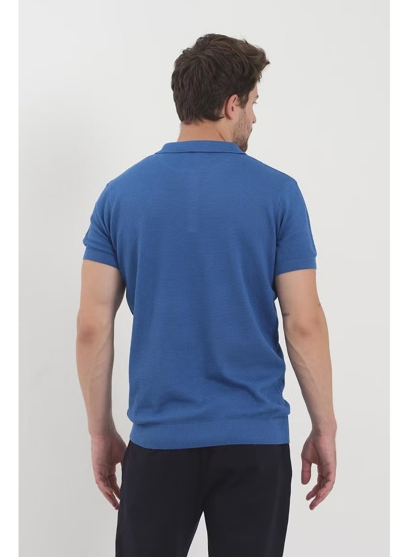 Odelon Men's Polo Neck Jacquard Knitwear T-Shirt Blue - Image 3